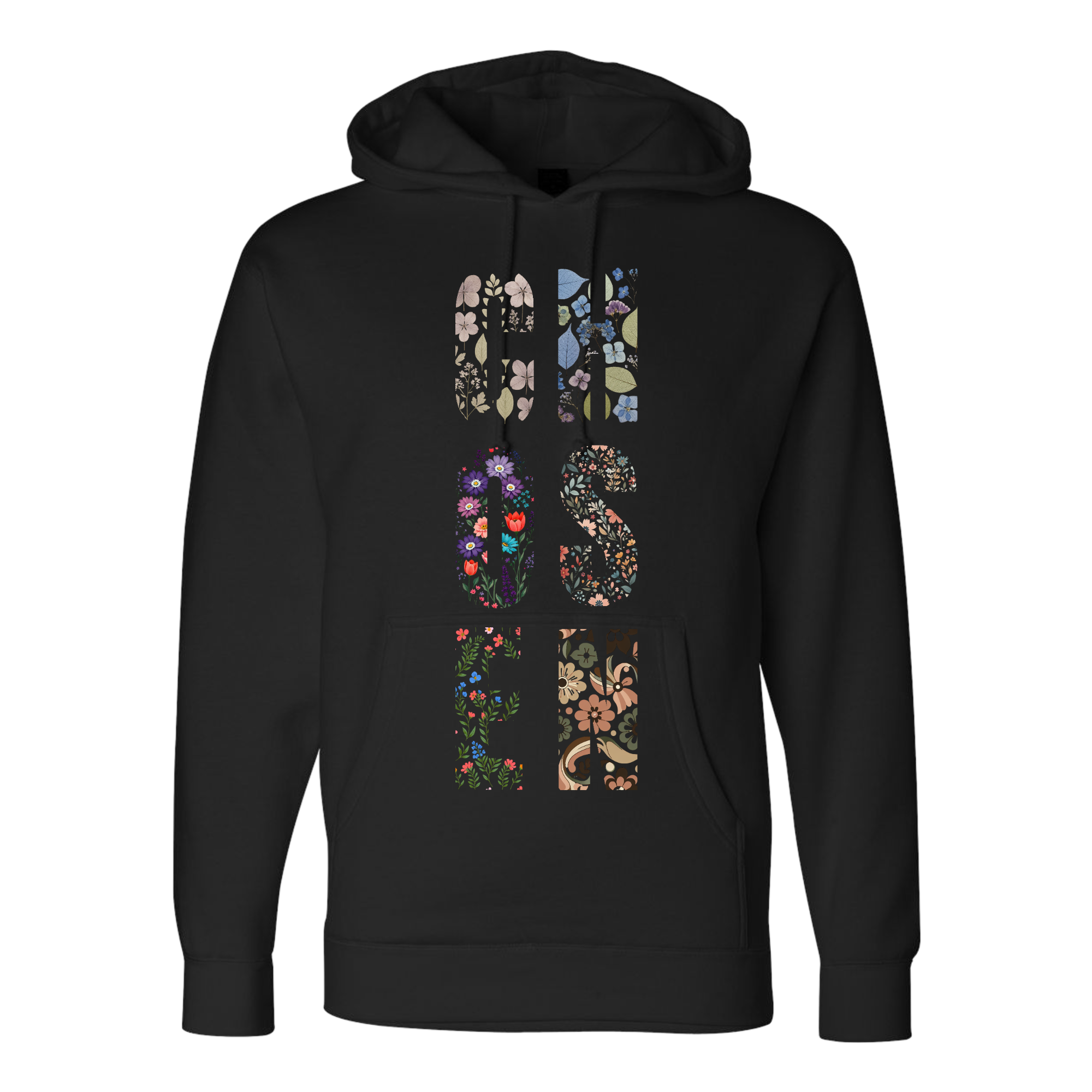 Chosen - Black Hoodie with Botanical Print
