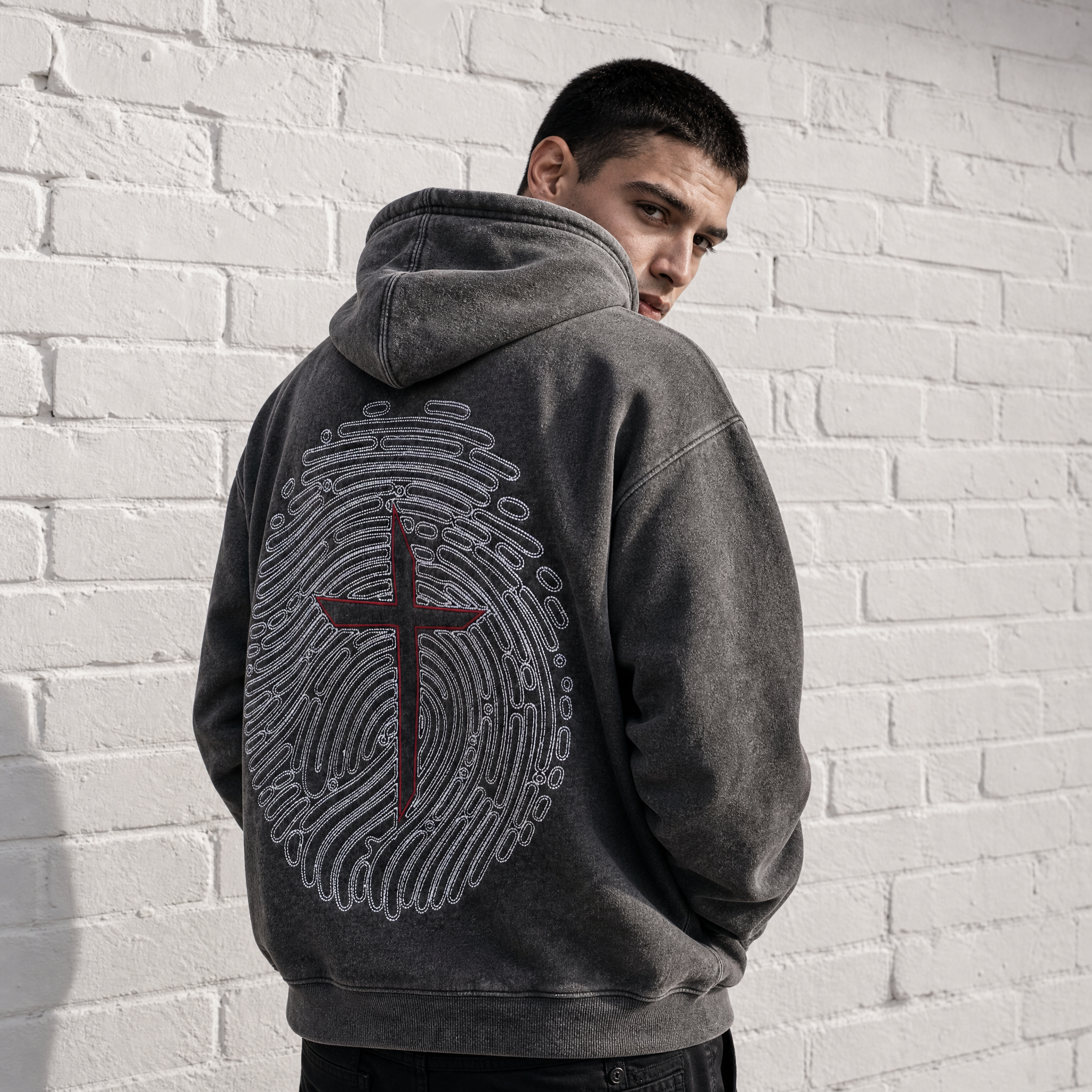 Identity Mineral Wash Hoodie in Black | Embroidered Christian Hoodie