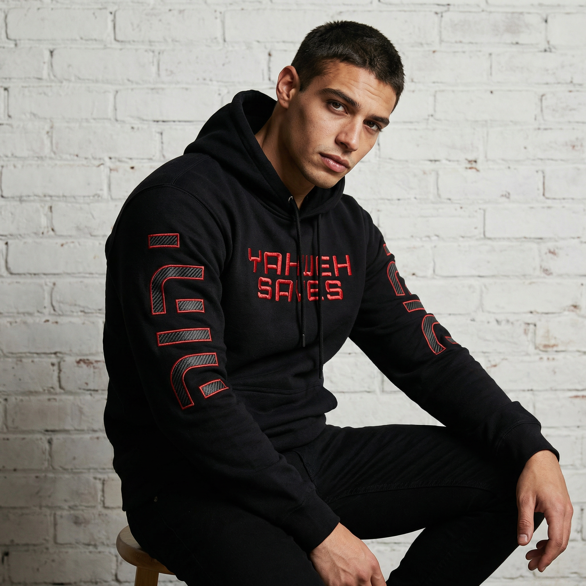 Yahweh Saves Embroidered Hoodie | Carbon Fiber Christian Hoodie