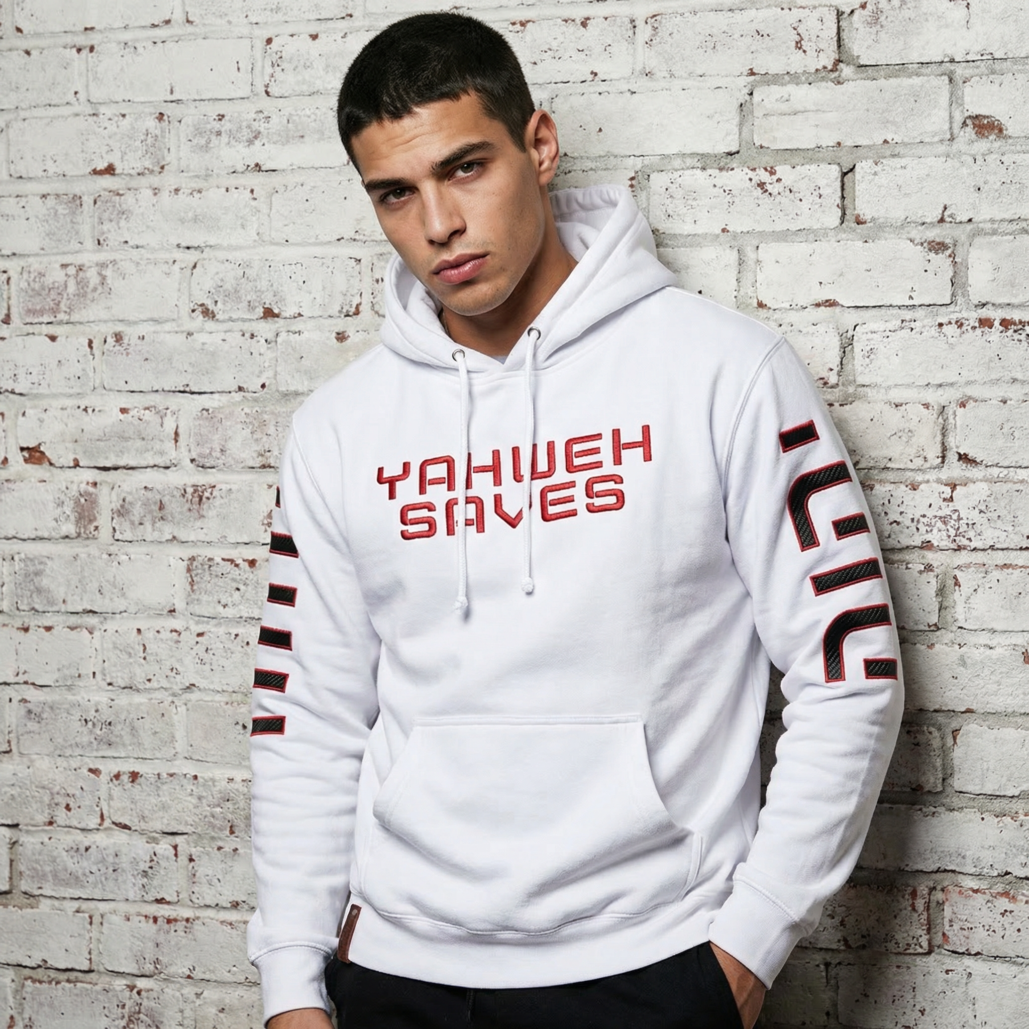 Yahweh Saves Embroidered Hoodie | Carbon Fiber Christian Hoodie